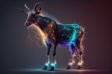 Obraz na płótnie Canvas Image of a goat with colorful string lights with technology concept. Farm animals. Illustration, generative AI.