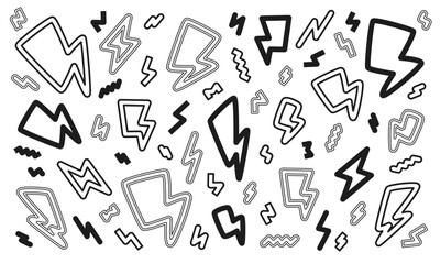 稲妻をモチーフにした幾何学的な模様のイラストセット/稲光/電光/雷光/ベクター/デザイン/要素/あしらい/モノクロ