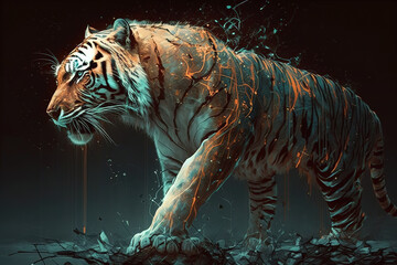Fototapeta na wymiar Image of a tiger with beautiful colors on a dark background. Wildlife Animals. Illustration, generative AI.