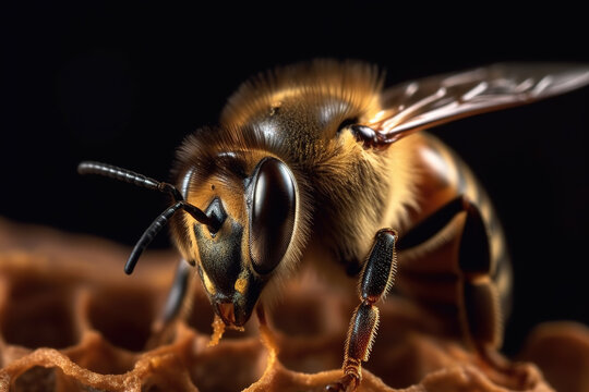 Image of bee on honeycomb. Insect. Animals. illustration. Generative AI.