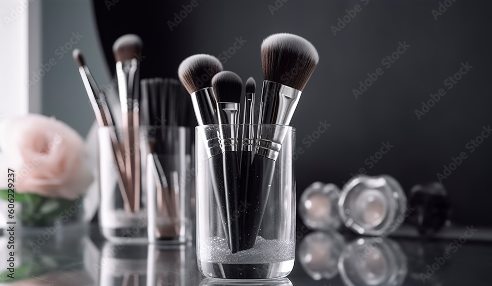 Wall mural Makeup brushes in a glass. Clean professional makeup brushes set for make-up artist, cosmetics, make up theme.