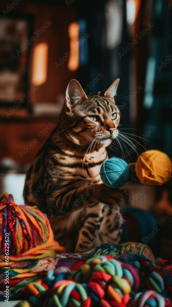 Poster a cat playing with a ball of yarn. ai generative image.