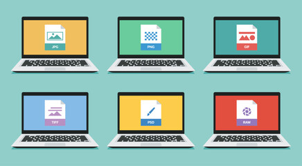 set of photo type such as JPG, PNG, GIF, PSD, TIFF, and Raw file format icon on laptop screen, vector flat illustration