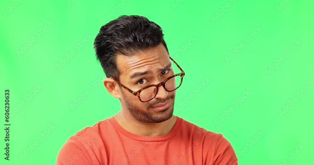 Aufkleber green screen, suspicious and face of a man with glasses isolated on a studio background. curious, sp