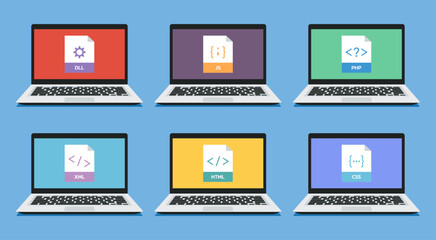 set of document file format icon on laptop screen for programmer or developer, vector flat illustration