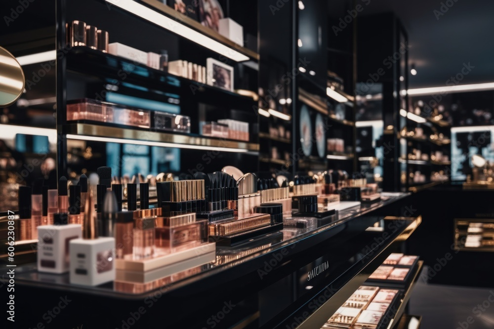 Poster a display of cosmetics and cosmetics products in a store. ai generative image.