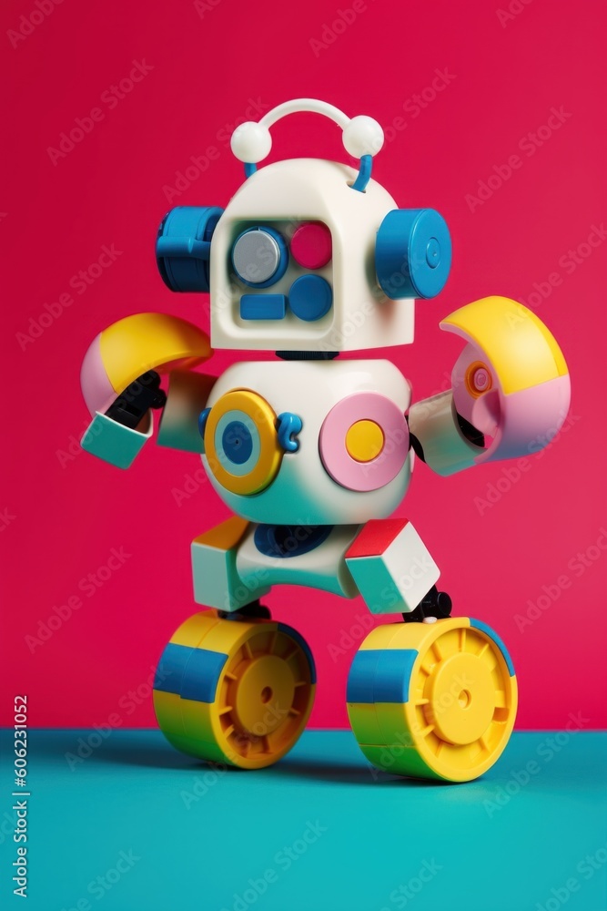 Poster a toy robot is sitting on a blue surface. ai generative image.