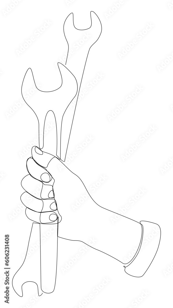 Poster one continuous line of wrench. thin line illustration vector work tool concept. contour drawing crea