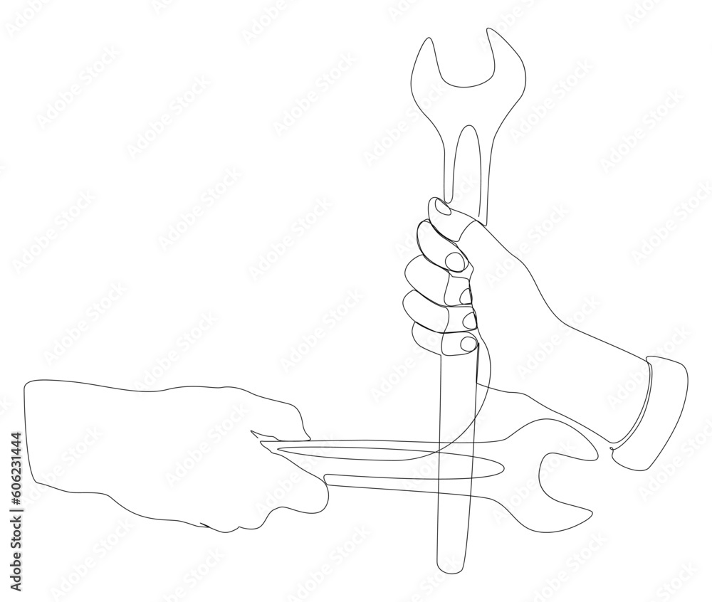 Poster one continuous line of wrench. thin line illustration vector work tool concept. contour drawing crea