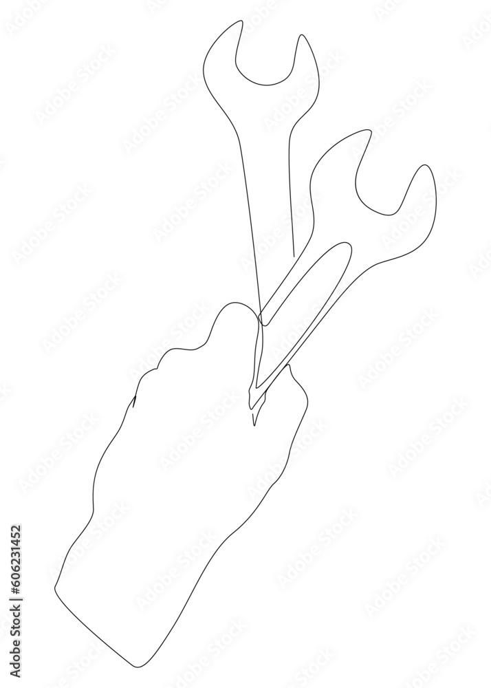 Poster one continuous line of wrench. thin line illustration vector work tool concept. contour drawing crea
