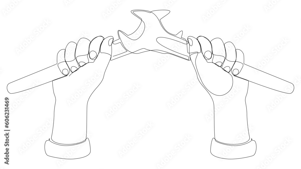 Poster one continuous line of wrench. thin line illustration vector work tool concept. contour drawing crea