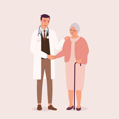 Obraz premium Smiling Male Doctor Shaking Hands With A Grateful Senior Woman Patient. Full Length. Flat Design Style, Character, Cartoon.