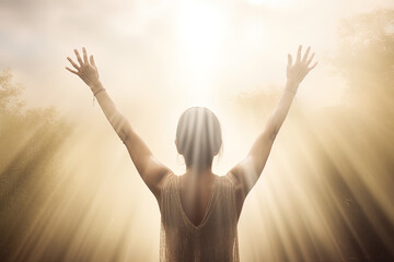 a woman standing in the middle of the forest with arms outstretched in the bright morning sunray