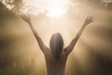 Fototapeta na wymiar a woman standing in the middle of the forest with arms outstretched in the bright morning sunray