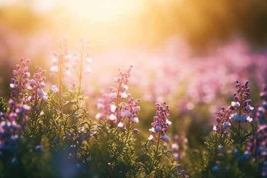 Erica Flower Field, Summer Season, Bokeh Effect.