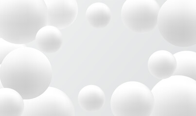 Abstract realistic 3d white circle frame with white sphere balls flying on air. White spheres of balls on gray background. Snowy white balls. Trendy cover or banner design template. Vector EPS10.