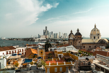 Fototapeta na wymiar Cartagena, Bolivar, Colombia. March 14, 2023: Panoramic landscape in the walled city with a view of the San Pedro Claver church.