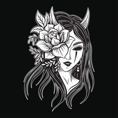 Dark Art Japanese girl rose geisha woman Skull Mask Tattoo traditional illustration