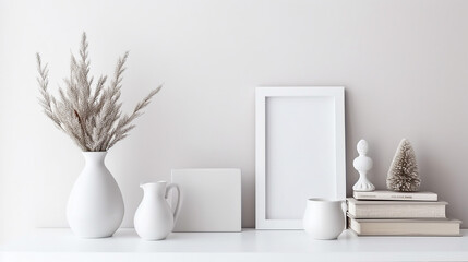 Winter still life. Horizontal white frame mockup on vintage wooden bench, table. Modern white ceramic vase with pine tree branches, Christmas ornaments and books. White background. Generative AI