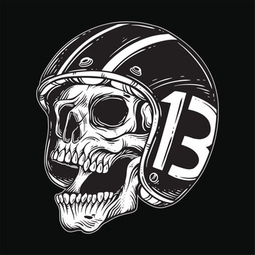 Dark art Skull Rider bikers retro Vintage Tattoo Helmet Motorcycle Hand drawn Style illustration
