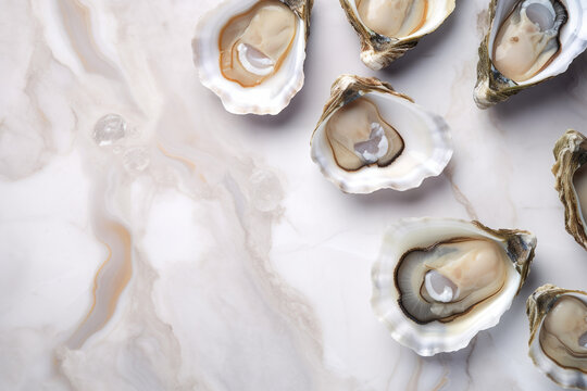 Opened fresh oysters on marble table, created with Generative AI Technology