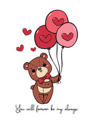 Adorable hand-drawn teddy bear cartoon, featuring an innocent smile and a charming red bow. Perfect for Valentine's Day and all things heart warming.