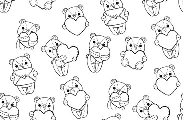 Pattern seamless background cute classic Teddy Bear doll doodle hand drawing cartoon character outline 
