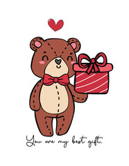 Cute teddy bear holding a gift box. Perfect for Valentine's Day, this kawaii illustration exudes innocence and love, making it ideal for greeting cards and festive designs.