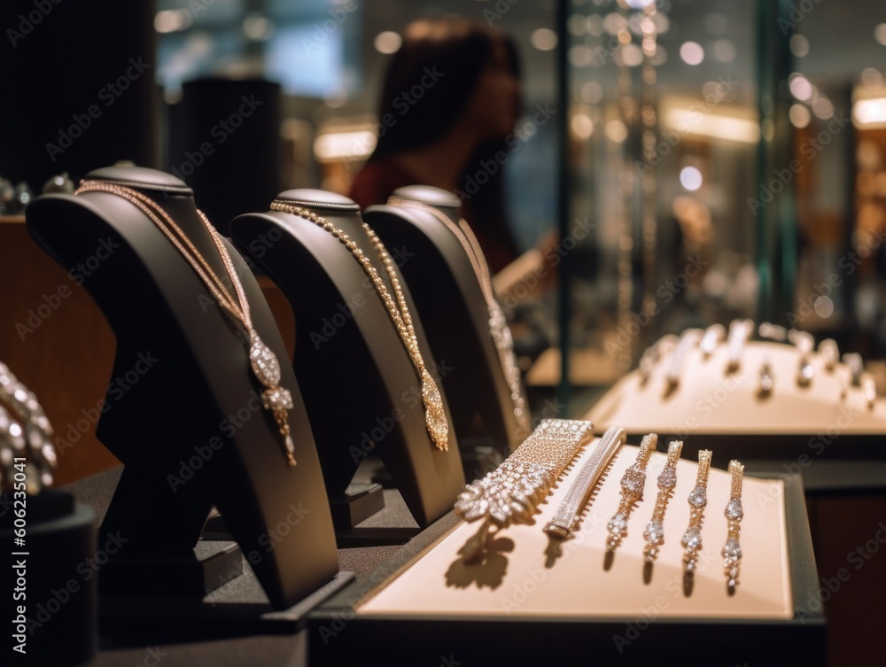 Poster a row of jewelry on display in a store. ai generative image.