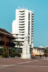 Cartagena, Bolivar, Colombia. March 14, 2023: Customs Square and Colon Monument.