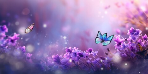 Fototapeta na wymiar Soft Purple flowers of of violet with flying butterfly on blur spring background