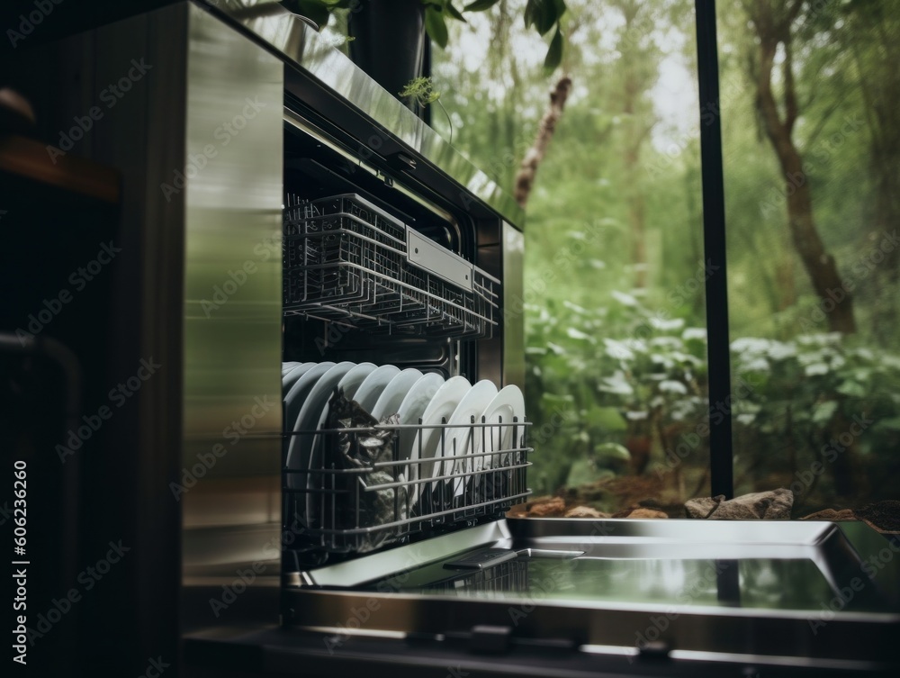 Poster a dishwasher with dishes in it in front of a window. ai generative image.
