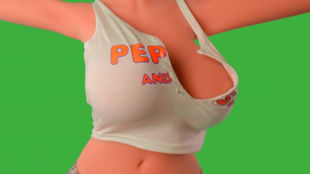 Hot girl with incredibly sexy body is shaking enormous breasts around in slow-motion in a skimpy low-cut top. Close-up of female upper body torso against green screen background. Not a real person.