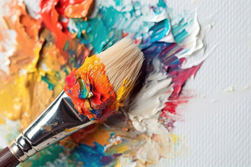 brush full of paint over a white canvas