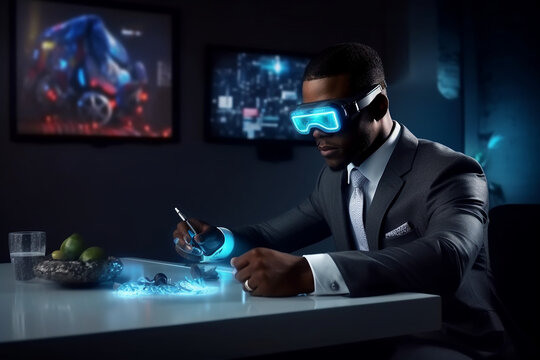 Man using Augmented Reality AR glasses at a desk. Generative AI