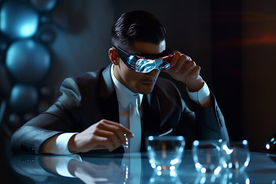 Man using Augmented Reality AR glasses at a desk. Generative AI