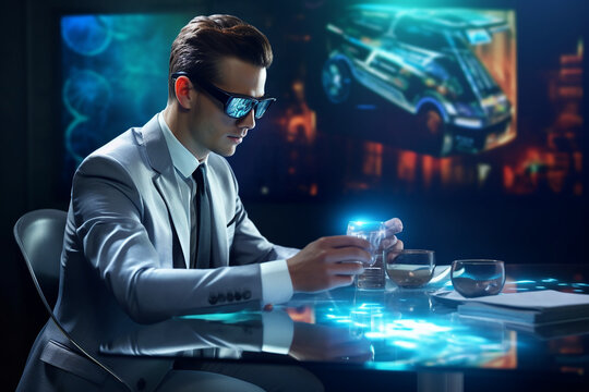 Man using Augmented Reality AR glasses at a desk. Generative AI