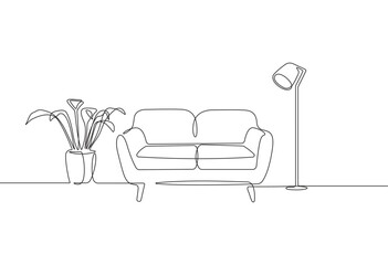 One continuous line drawing of couch and lamp and plant. Modern flat furniture for living room interior in simple linear style. Doodle vector illustration.