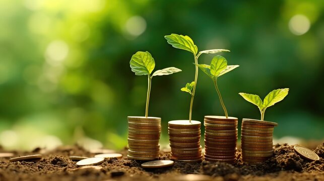 The coins are stacked on the ground and the seedlings are growing on top, green background