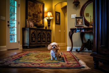 An attractive puppy sits on the floor in the living room. Generative AI.