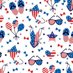 America Independence Day seamless vector pattern. Symbol of summer sea vacation - USA flag swimsuit, sunglasses, kite, flip flops, balloons. Patriotic holiday July 4th. Flat cartoon background for web