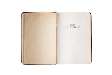 Old Holy Bible, open. Yellow stained pages. Top view, transparent background.