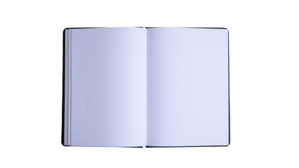 Open notebook with blank white pages. Top view, transparent background.