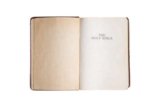 Old Holy Bible, open. Yellow stained pages. Top view, transparent background.