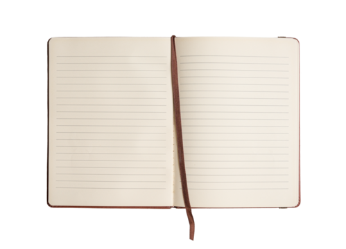 Open notebook with bookmark, top view. Transparent background.