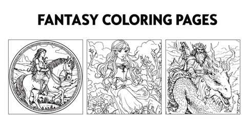 A fantasy line art coloring book page. - obrazy, fototapety, plakaty