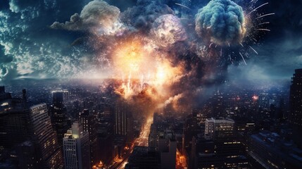 Fototapeta na wymiar A city scene with fireworks exploding over the city. Generative AI