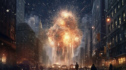 Fototapeta na wymiar A city scene with fireworks exploding over the city. Generative AI