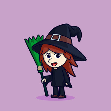 Cute little witch with broom cartoon cat for print on bag magic halloween card and fantasy young girls character in costume hat vector illustration.