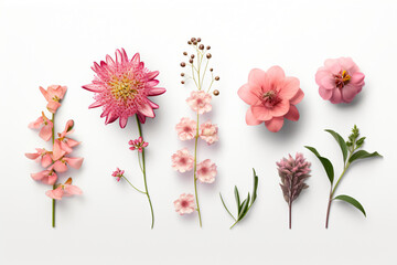 collection of pink flowers arranged in a circle on a white background, Generative Ai